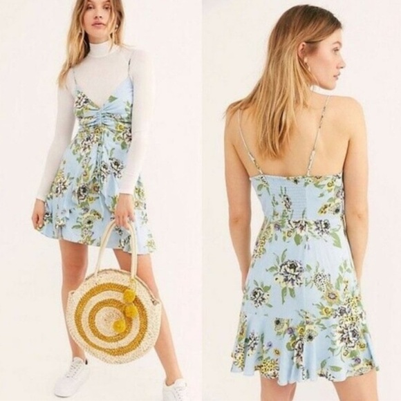 Free people blue floral tropical summer skinny strap dress - Picture 1 of 11